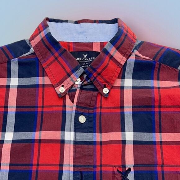 AMERICAN EAGLE Men’s Medium Red Blue Flannel Shirt - Picture 1 of 3